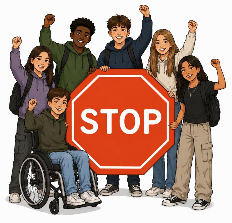 KI generiertes Bild Stop-Zeichen im Mittelpunkt einer Gruppe Jugendlicher